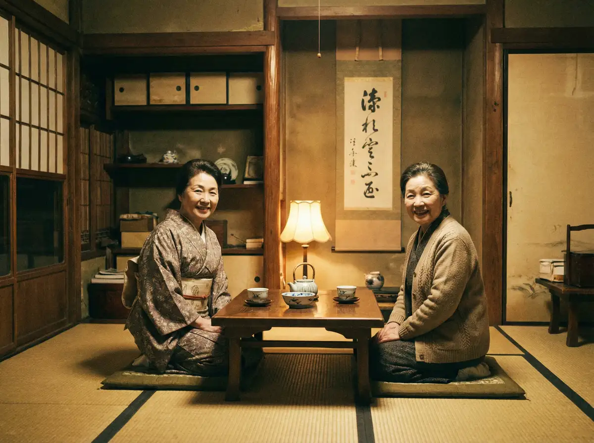 两位优雅的 蜜桃传媒 在日式茶室中品茶交谈